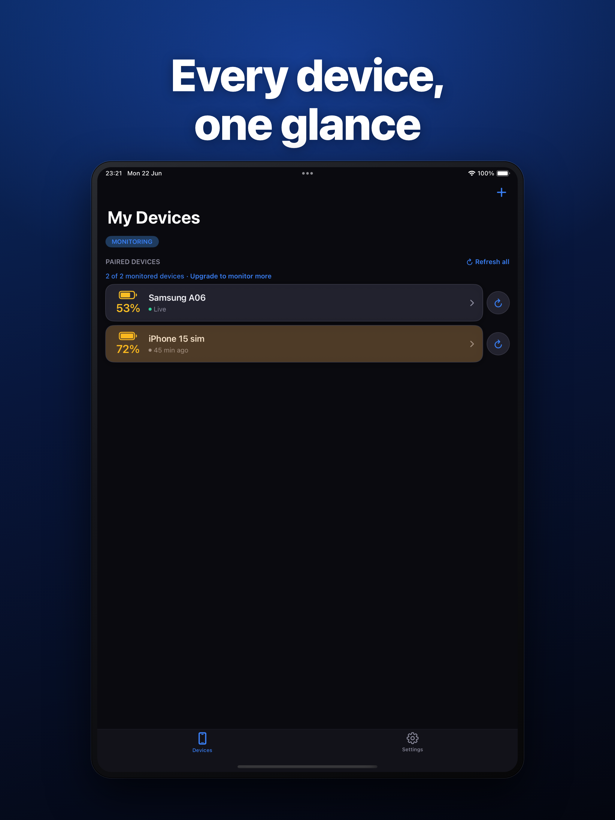 PowrSync running on iPad, showing paired devices and their battery levels