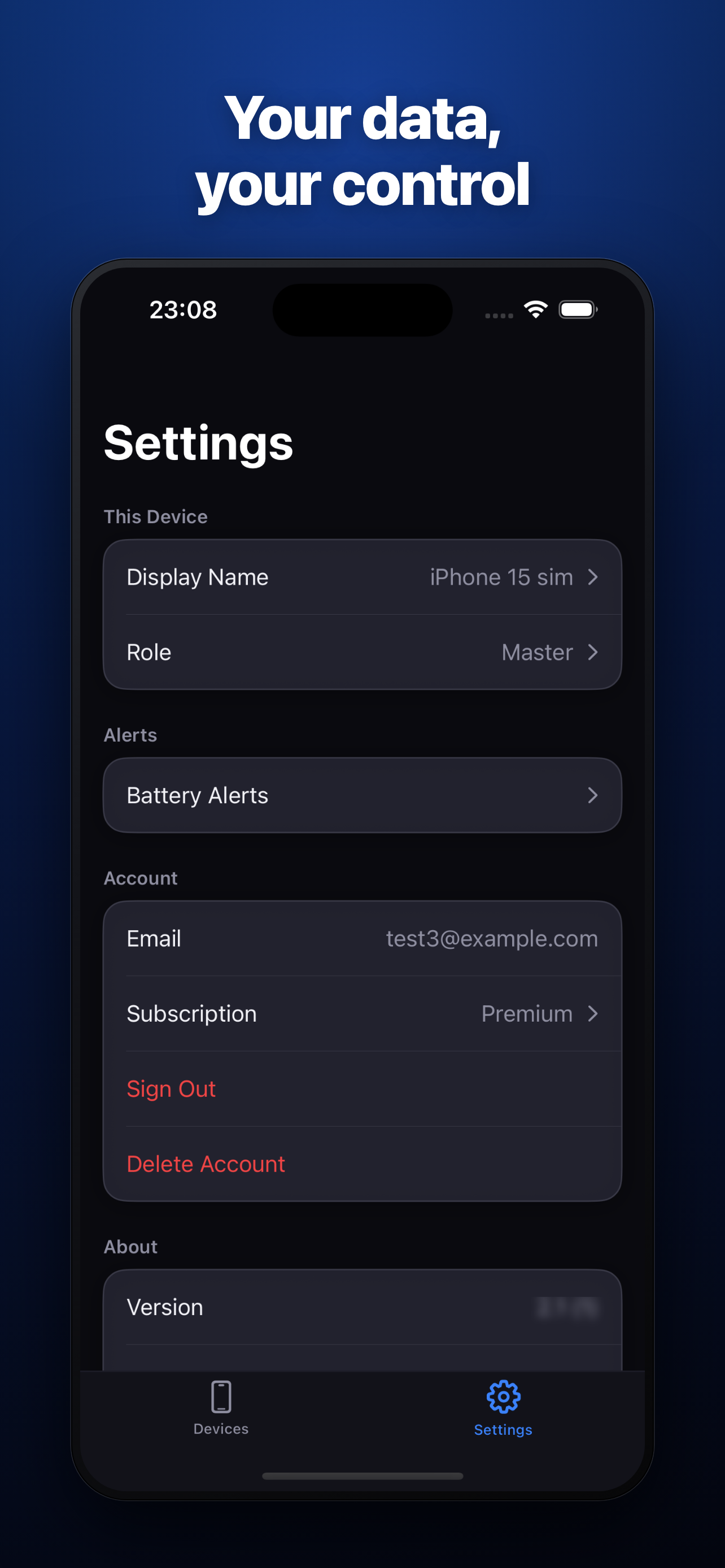 PowrSync Settings screen showing device name, role, alerts, account and delete account options