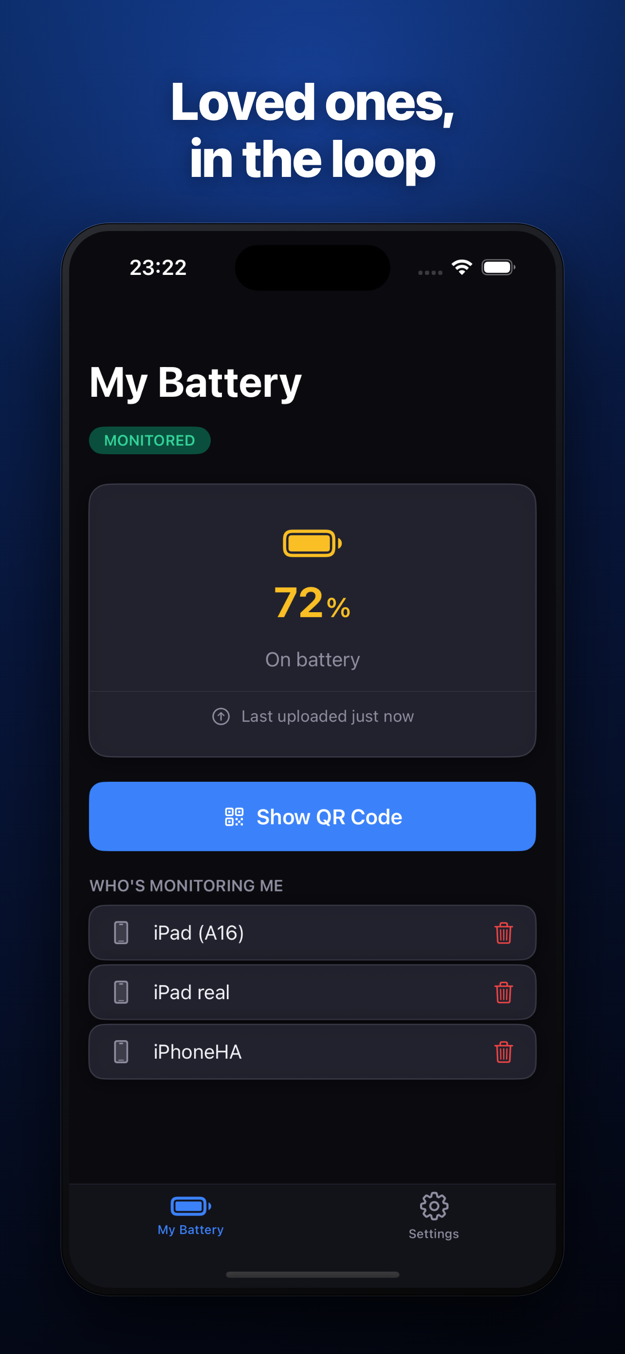 PowrSync My Battery screen with a Show QR Code button and the list of devices monitoring this phone